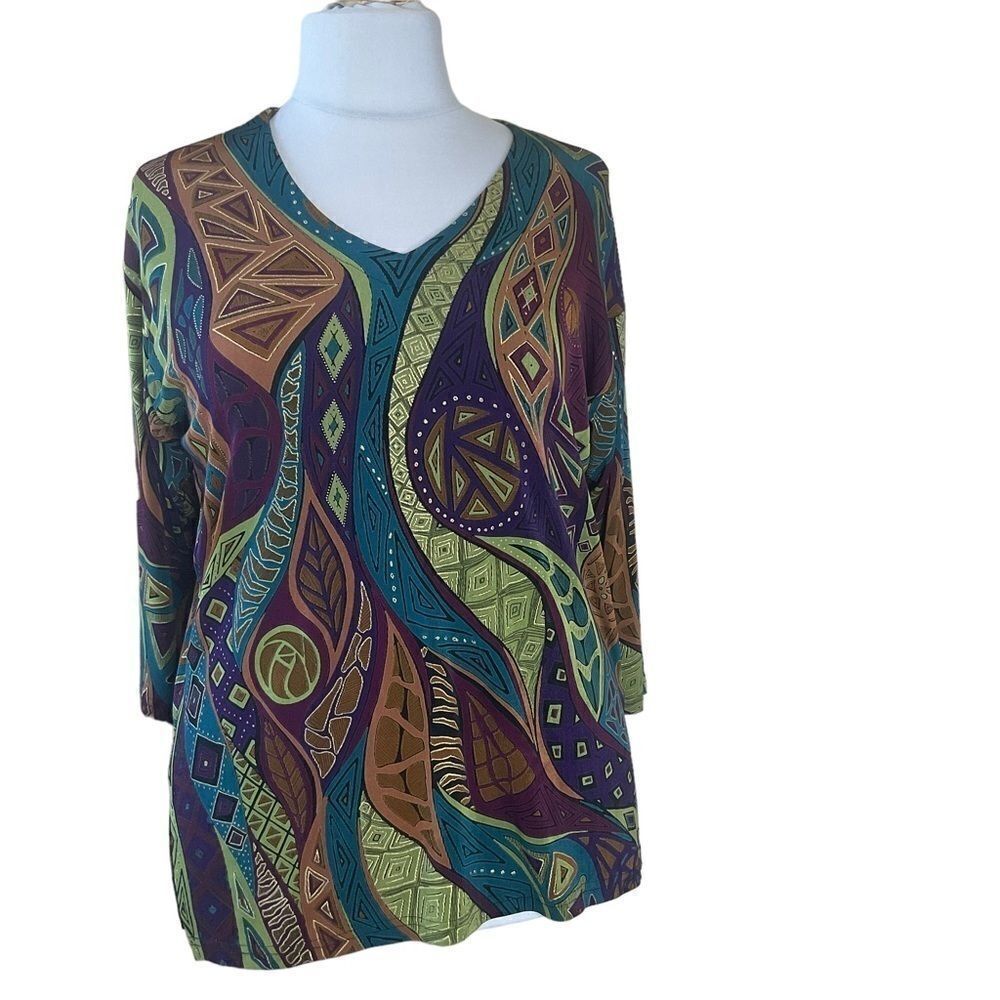 A Touch Of Class Vintage Tunic Stretchy Bright Aztec Design Resort Wear Size M